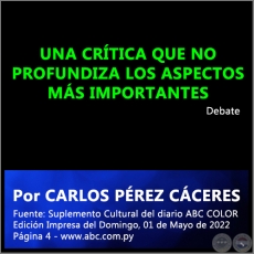 UNA CRÍTICA QUE NO PROFUNDIZA LOS ASPECTOS MÁS IMPORTANTES - Por CARLOS PÉREZ CÁCERES - Domingo, 01 de Mayo de 2022
